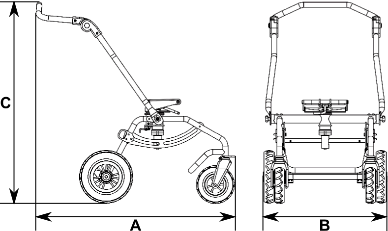 Technical diagram of the Swirl pushchair showing dimensions A, B, and C